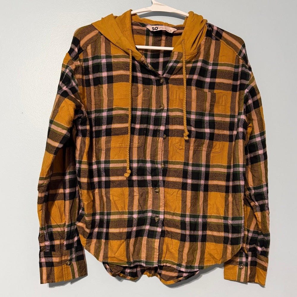 SO Hooded Plaid Flannel Shirt Women's S Mustard Yellow Black Button Front 0991